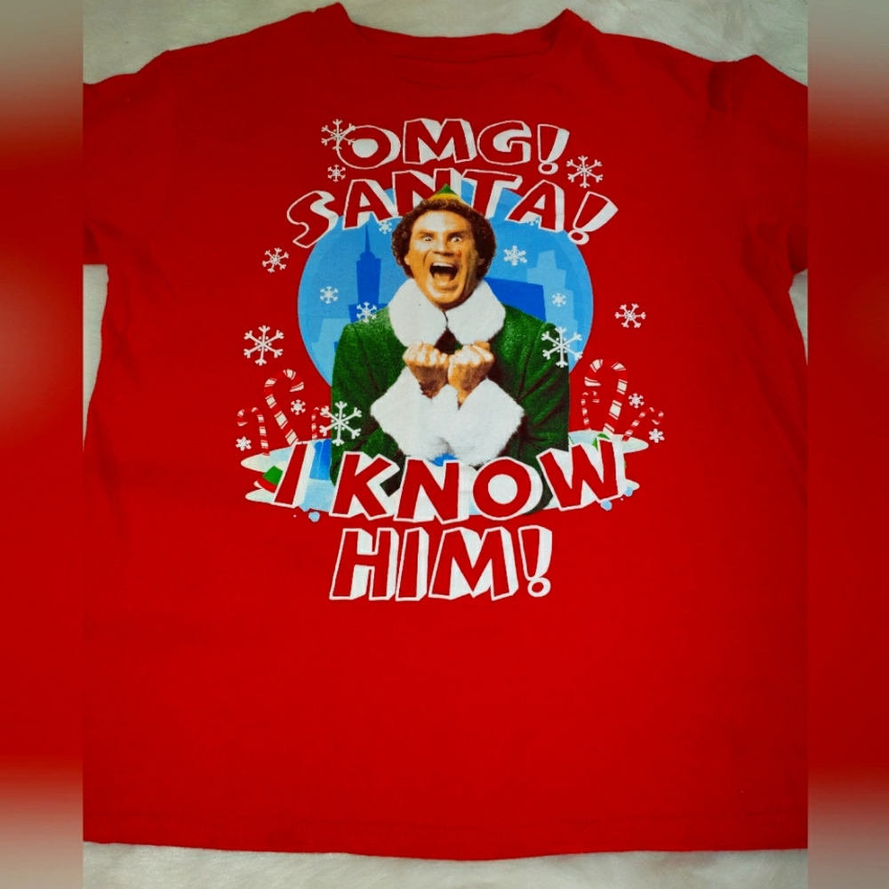 Boys Small 100% Cotton Red Short Sleeve Buddy from Elf, OMG Santa! I know him!"